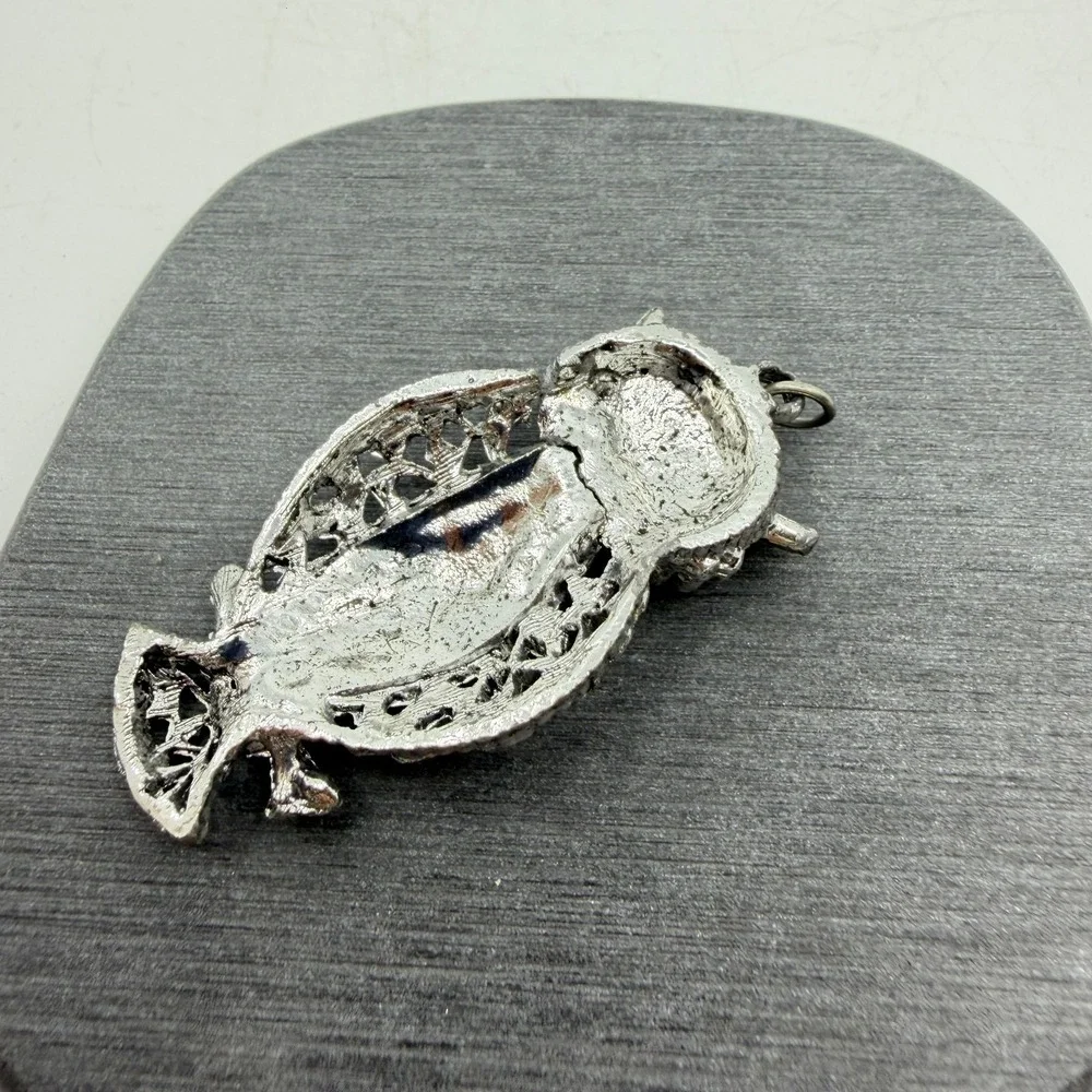 Silver Tone Red Rhinestone Eye Owl Pendant Gothic Halloween Statement Jewelry